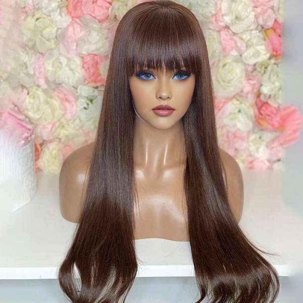 Dark Brown Straight Lace Wigs with Bangs Lace Front Human Hair