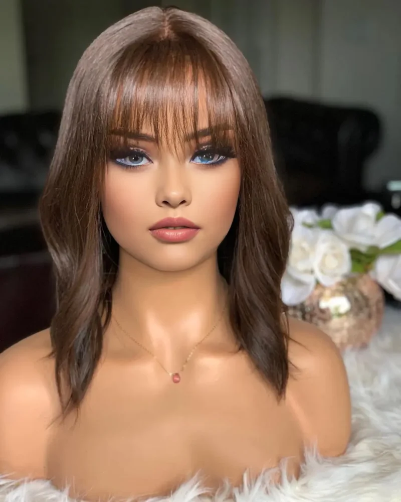 Chocolate Brown Short Bob Lace Front Wigs With Bangs